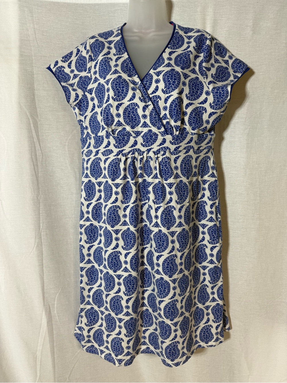 Boden Cream and Blue Print Short sleeve midi Dress Size 16R